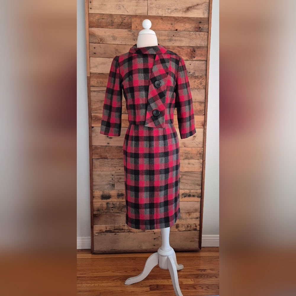 Vintage 50s 60s Skirt Suit 2-Pc Wool Buffalo Check Jackie O Mad Men Sz 7/8
